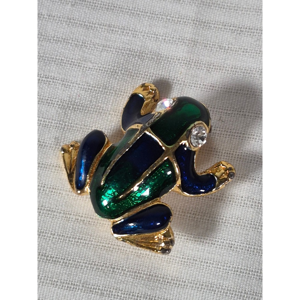 Vintage Frog Brooch Gold Tone Green Blue Enamel Rhinestone Eye Figural Pin